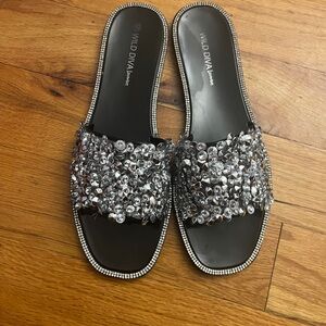 Wild Diva Black Slides with Silver Embellishments